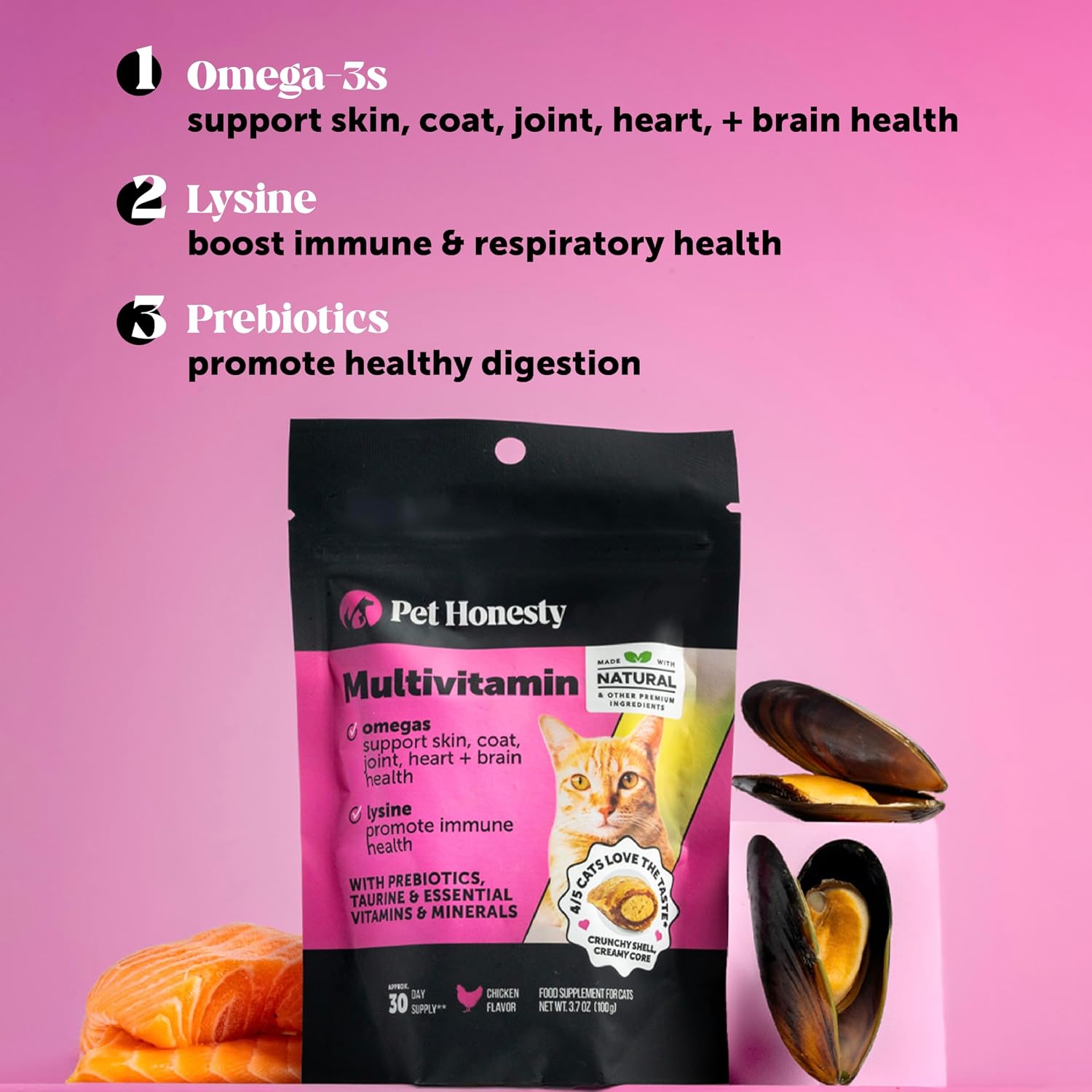 Cat Multivitamin Crunchy Creamy Chews - Daily Cat Vitamins with Lysine, Prebiotics, Omega 3 Fish Oil - Cat Treats for Immune Support, Skin Coat, Digestion, Heart + Joint Health (30-Day Supply) - Best Pet Care Store