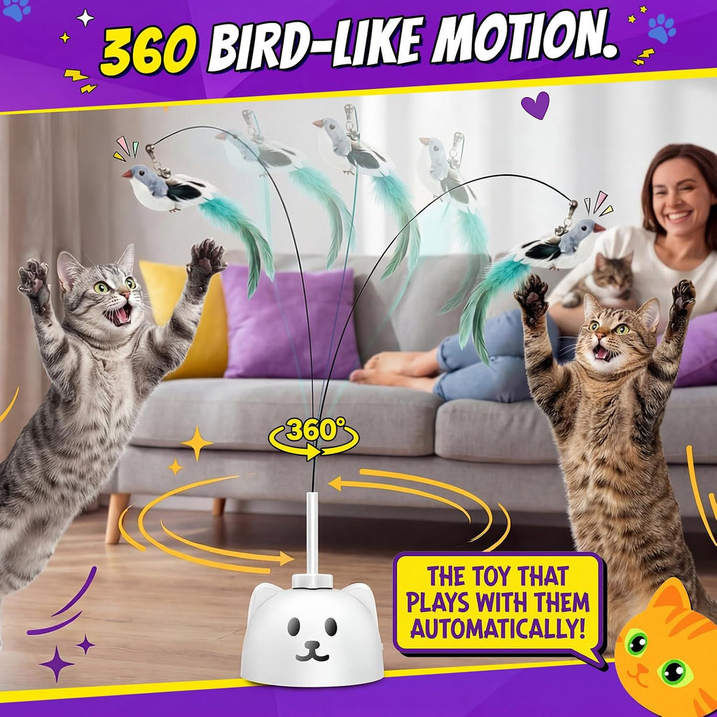 Interactive Cat Toys for Indoor Cats, 360° Automatic Spin Flying Bird Wand | 8Cm Suction Cup & Weighted Base, Silicone-Protected Rod, USB Rechargeable with Replaceable Feather & Streamer Attachments