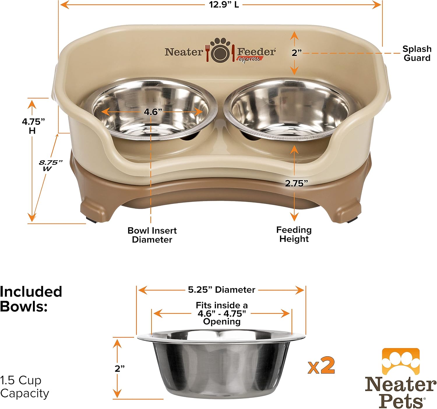Express Mess Proof Dog Bowls Elevated for Small Breeds under 15 Lb, Made in USA, No Spill Raised Dog Food Bowl Stand, Stainless Steel Food and Water Bowl Set, Feeding Station, Cappuccino - Best Pet Care Store