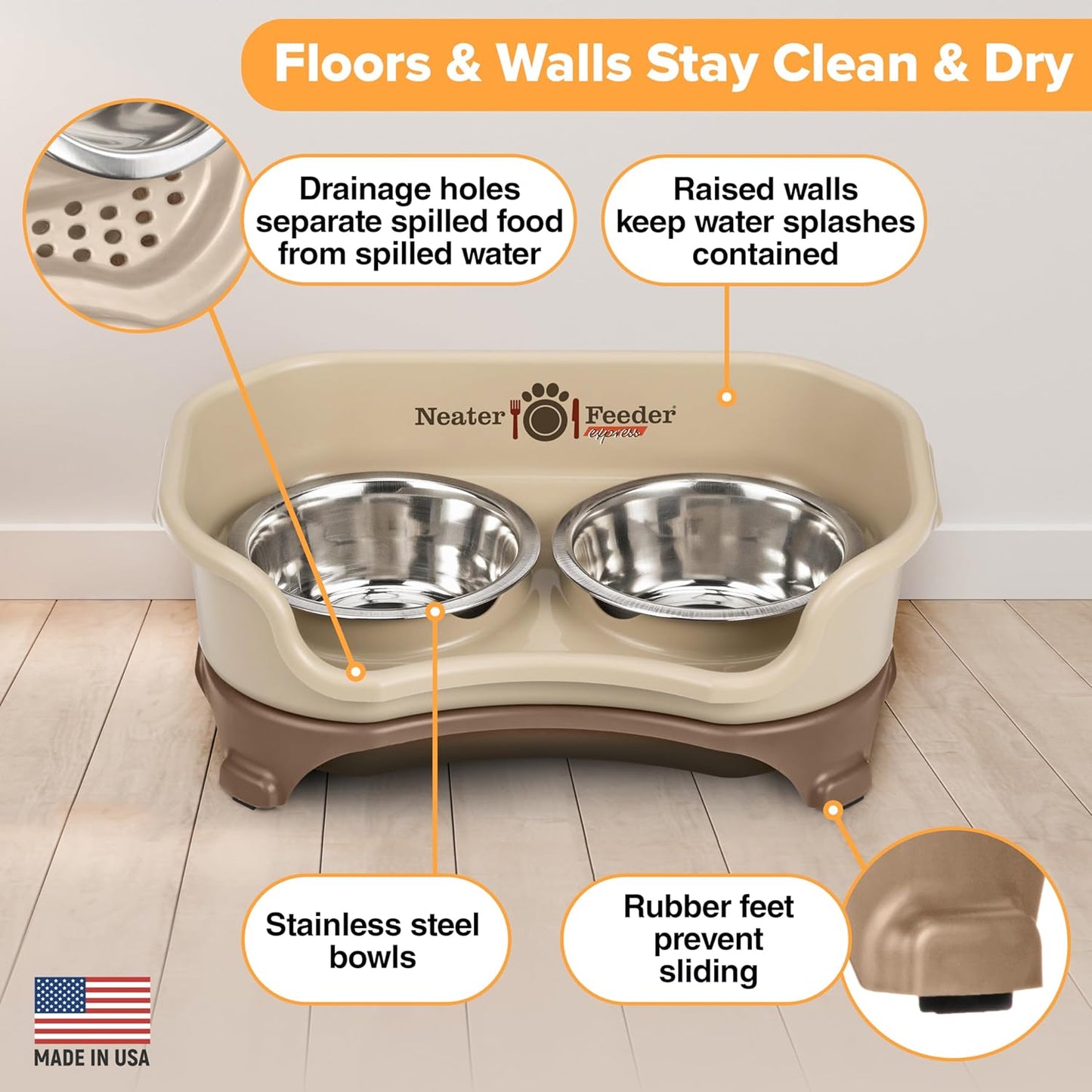 Express Mess Proof Dog Bowls Elevated for Small Breeds under 15 Lb, Made in USA, No Spill Raised Dog Food Bowl Stand, Stainless Steel Food and Water Bowl Set, Feeding Station, Cappuccino - Best Pet Care Store