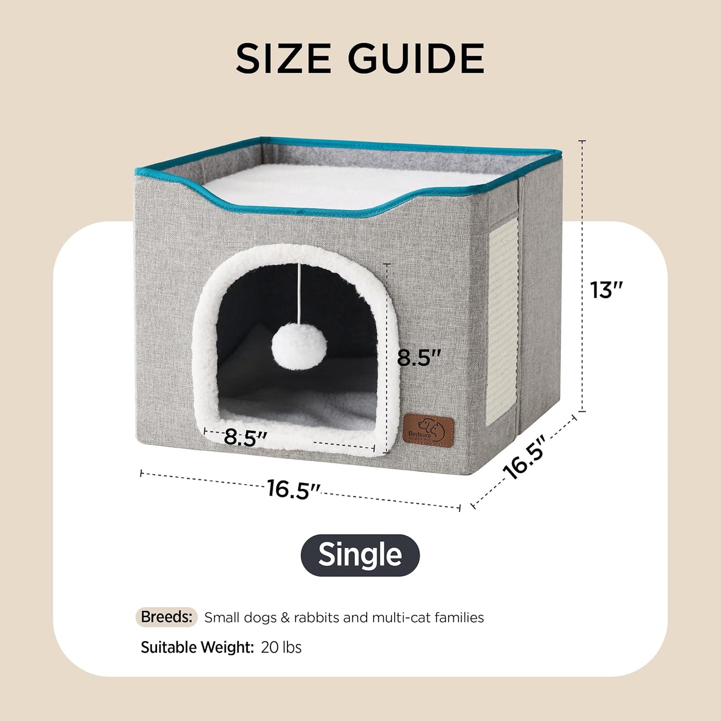 Bedsure Cat Cave Bed with Scratch Pad & Hanging Ball – Foldable Cat Hideaway, 16.5", Grey - Best Pet Care Store