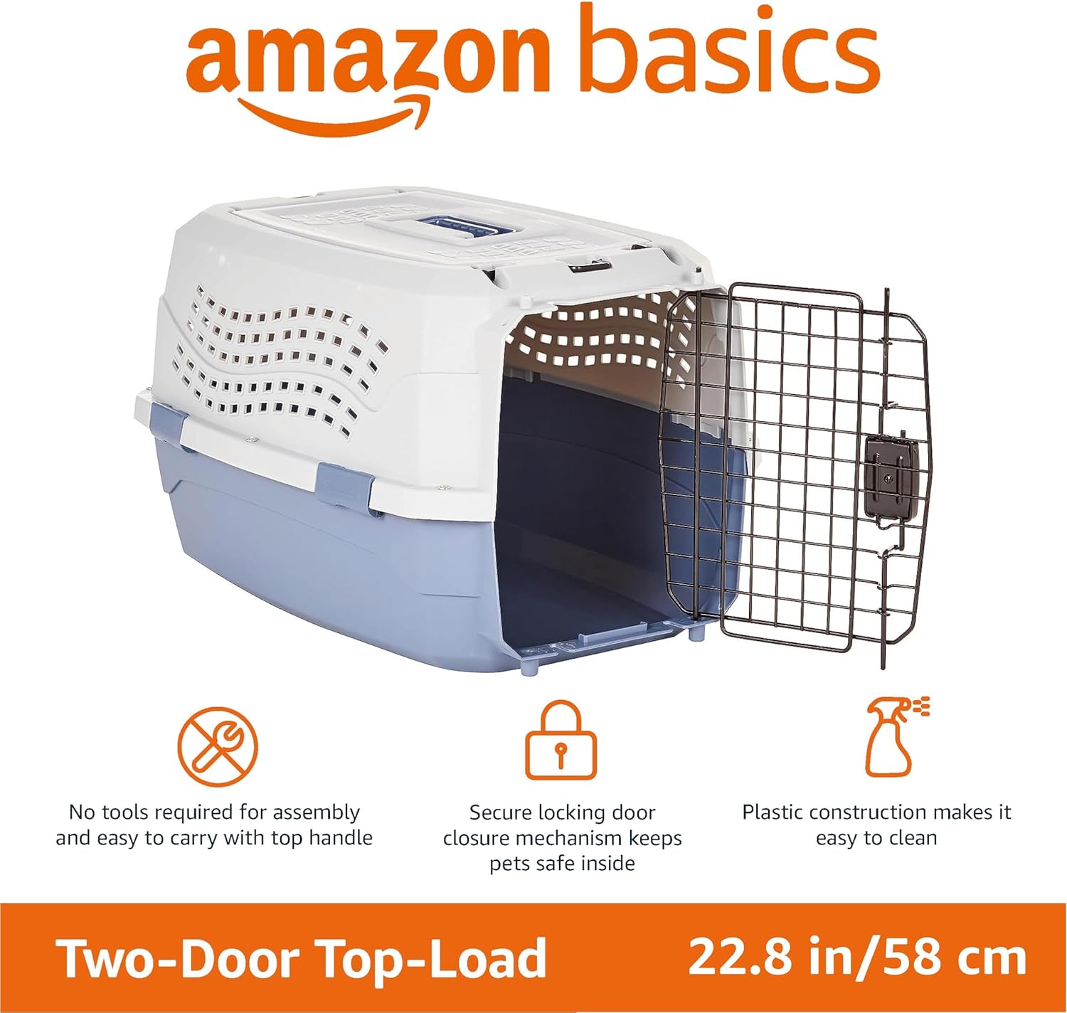 Sturdy Portable 2-Door Top-Load Hard-Sided Pet Travel Carrier with Secure Ventilation, Handle, Front & Top Entry for Dogs, Cats, 22.8"L X 15"W X 13"H, Gray & Blue - Best Pet Care Store