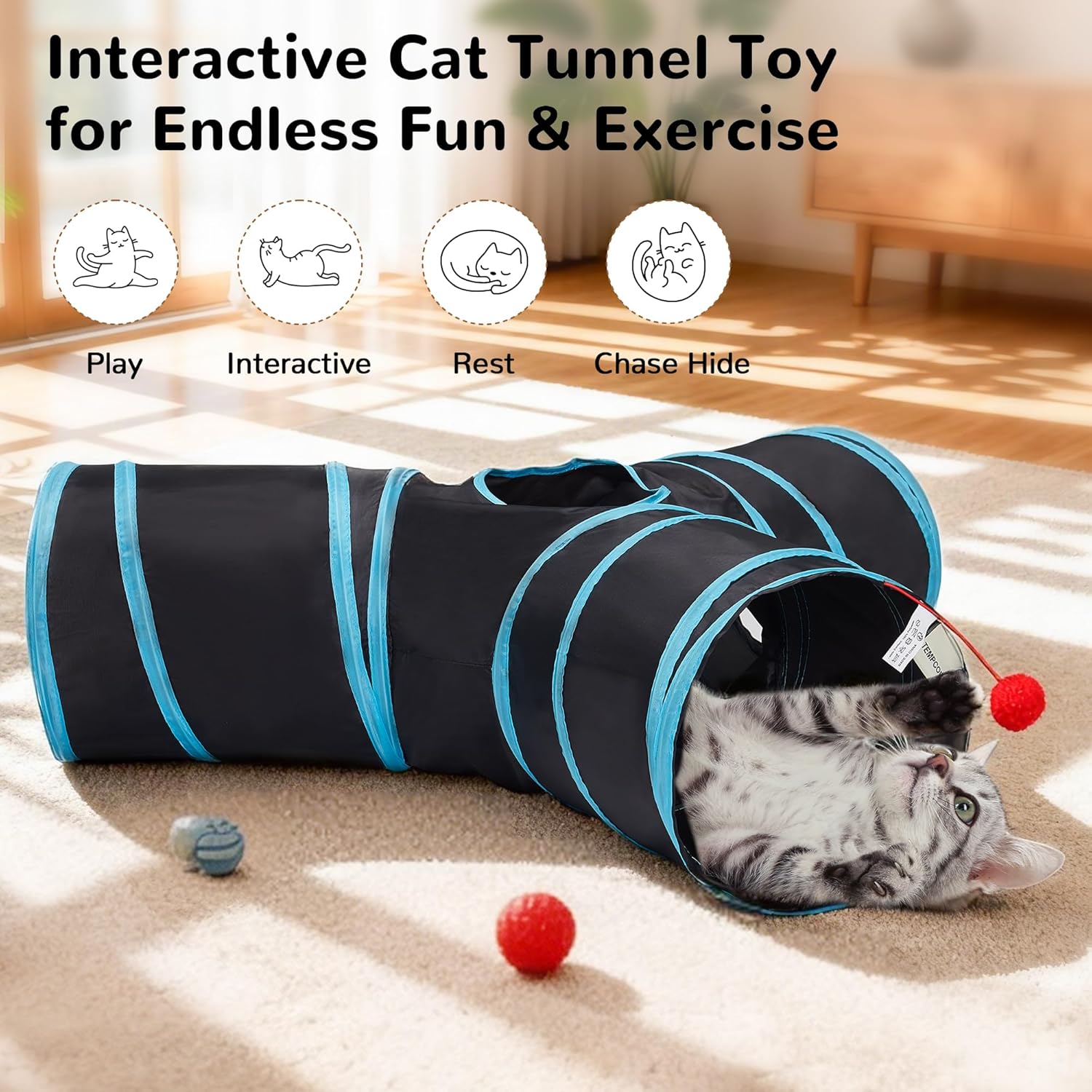 3-Way Collapsible Cat Tunnel Tube with Teaser Wand & Hanging Ball - Best Pet Care Store