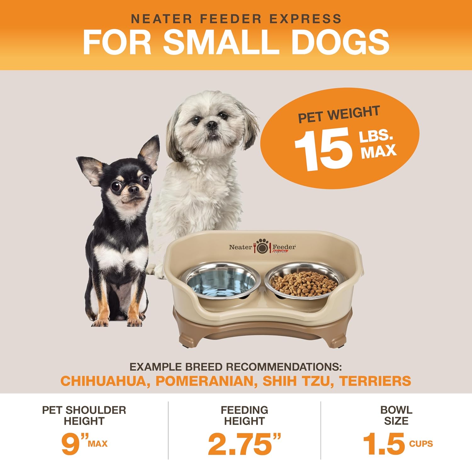 Express Mess Proof Dog Bowls Elevated for Small Breeds under 15 Lb, Made in USA, No Spill Raised Dog Food Bowl Stand, Stainless Steel Food and Water Bowl Set, Feeding Station, Cappuccino - Best Pet Care Store