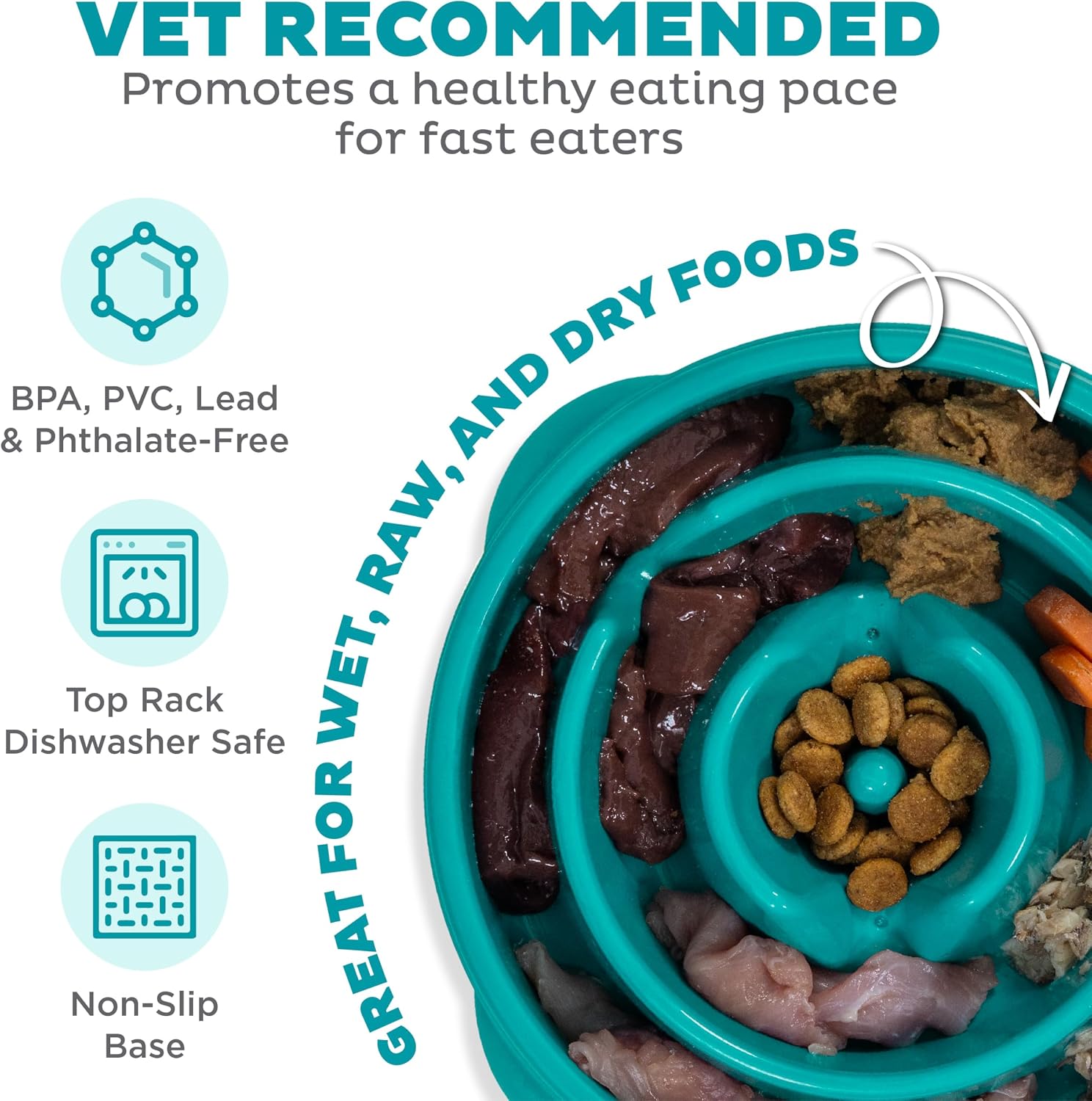 Fun Feeder Slo Bowl – Medium 2‑Cup Capacity, Slow Feeding, Small to Medium Dogs & Cats, Non-Slip, Turquoise, Drop Pattern - Best Pet Care Store
