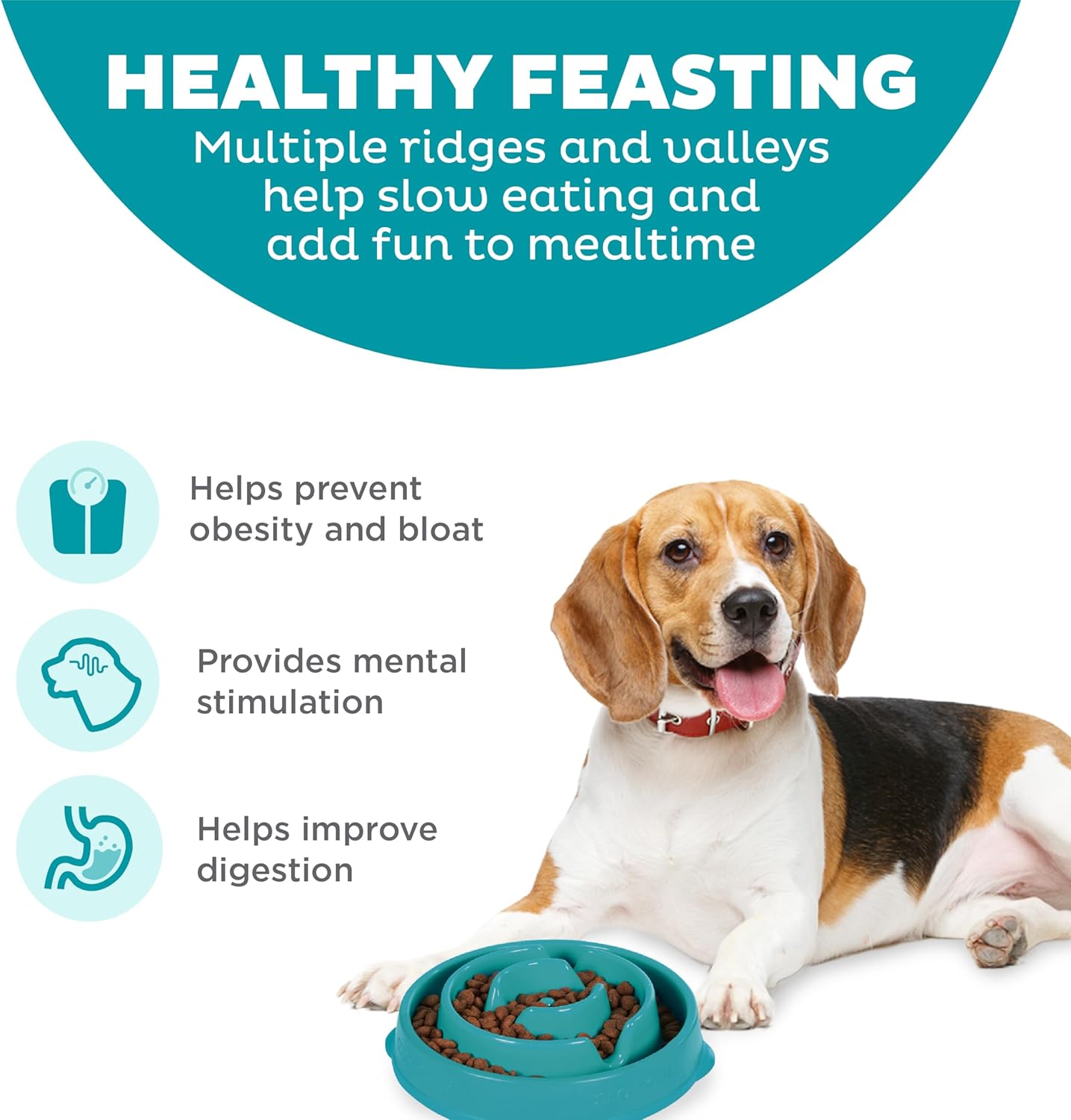 Fun Feeder Slo Bowl – Medium 2‑Cup Capacity, Slow Feeding, Small to Medium Dogs & Cats, Non-Slip, Turquoise, Drop Pattern - Best Pet Care Store