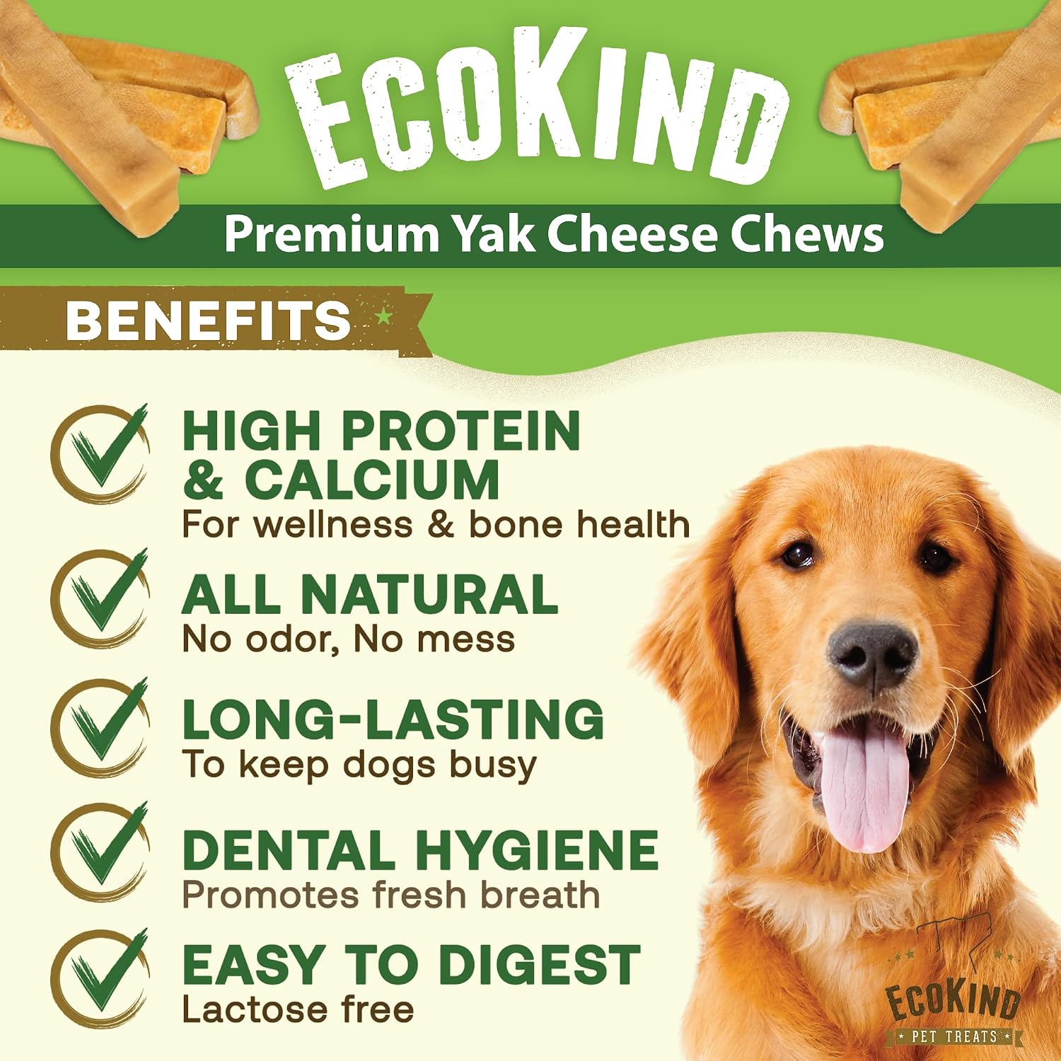 Ecokind Yak Cheese Himalayan Dog Chews, Yak Chews for Large Dogs, Long Lasting Bone for Aggressive Chewers, 3 Ingredient Natural High Protein Dog Treat, No Additives or Lactose, Large - 4 Chews (1 Lb) - Best Pet Care Store
