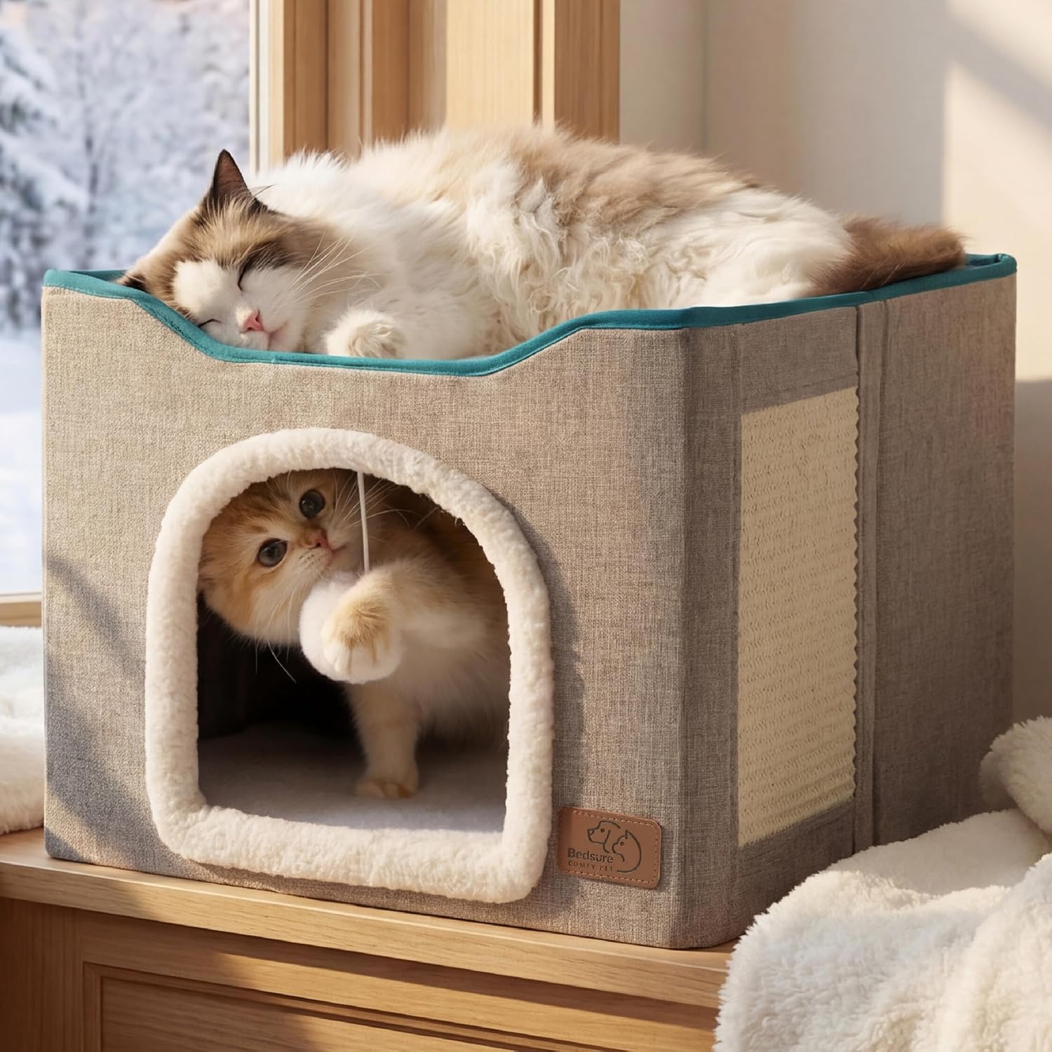 Bedsure Cat Cave Bed with Scratch Pad & Hanging Ball – Foldable Cat Hideaway, 16.5", Grey - Best Pet Care Store