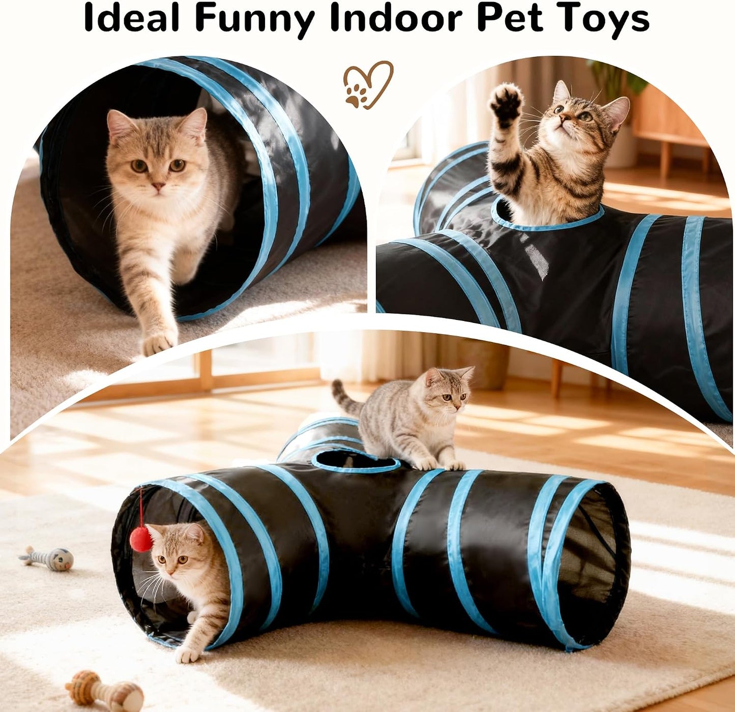 3-Way Collapsible Cat Tunnel Tube with Teaser Wand & Hanging Ball - Best Pet Care Store