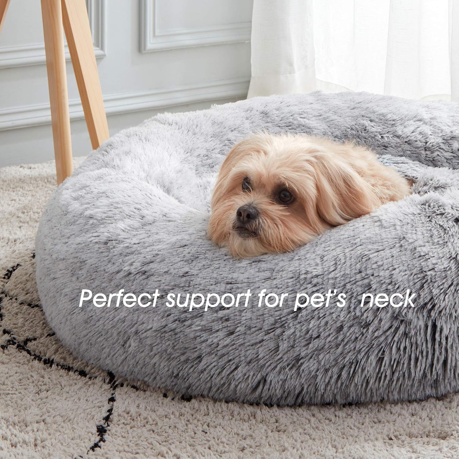 Calming Anti-Anxiety Donut Dog & Cat Bed – Faux Fur, Cozy Round Cuddler, Light Grey - Best Pet Care Store