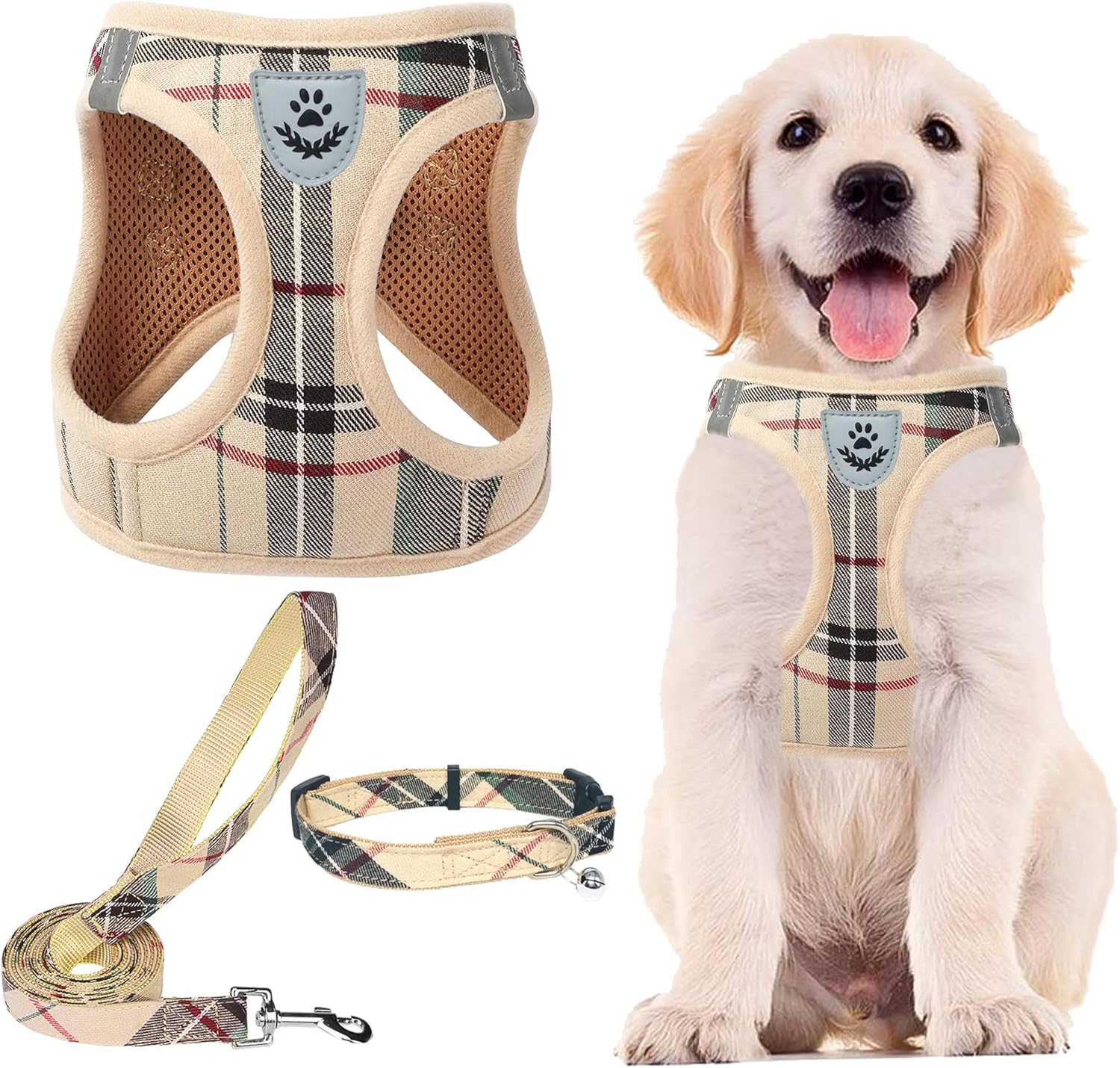 Adjustable Step-In Dog Harness, Collar & Leash Set – Soft Mesh Reflective Vest for Small Dogs & Cats, Beige S - Best Pet Care Store