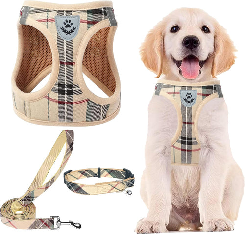 Adjustable Step-In Dog Harness, Collar & Leash Set – Soft Mesh Reflective Vest for Small Dogs & Cats, Beige S - Best Pet Care Store