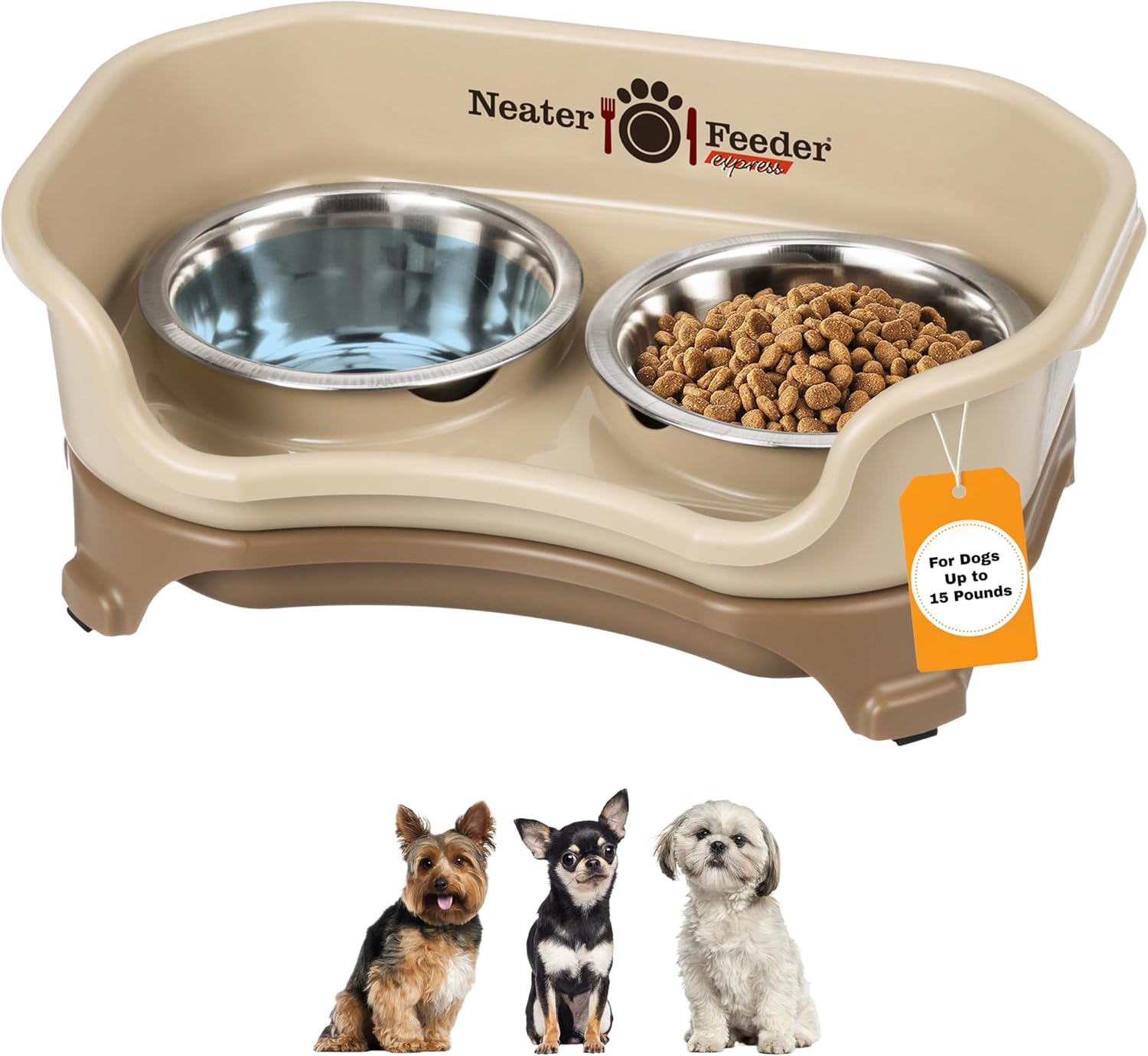 Express Mess Proof Dog Bowls Elevated for Small Breeds under 15 Lb, Made in USA, No Spill Raised Dog Food Bowl Stand, Stainless Steel Food and Water Bowl Set, Feeding Station, Cappuccino - Best Pet Care Store
