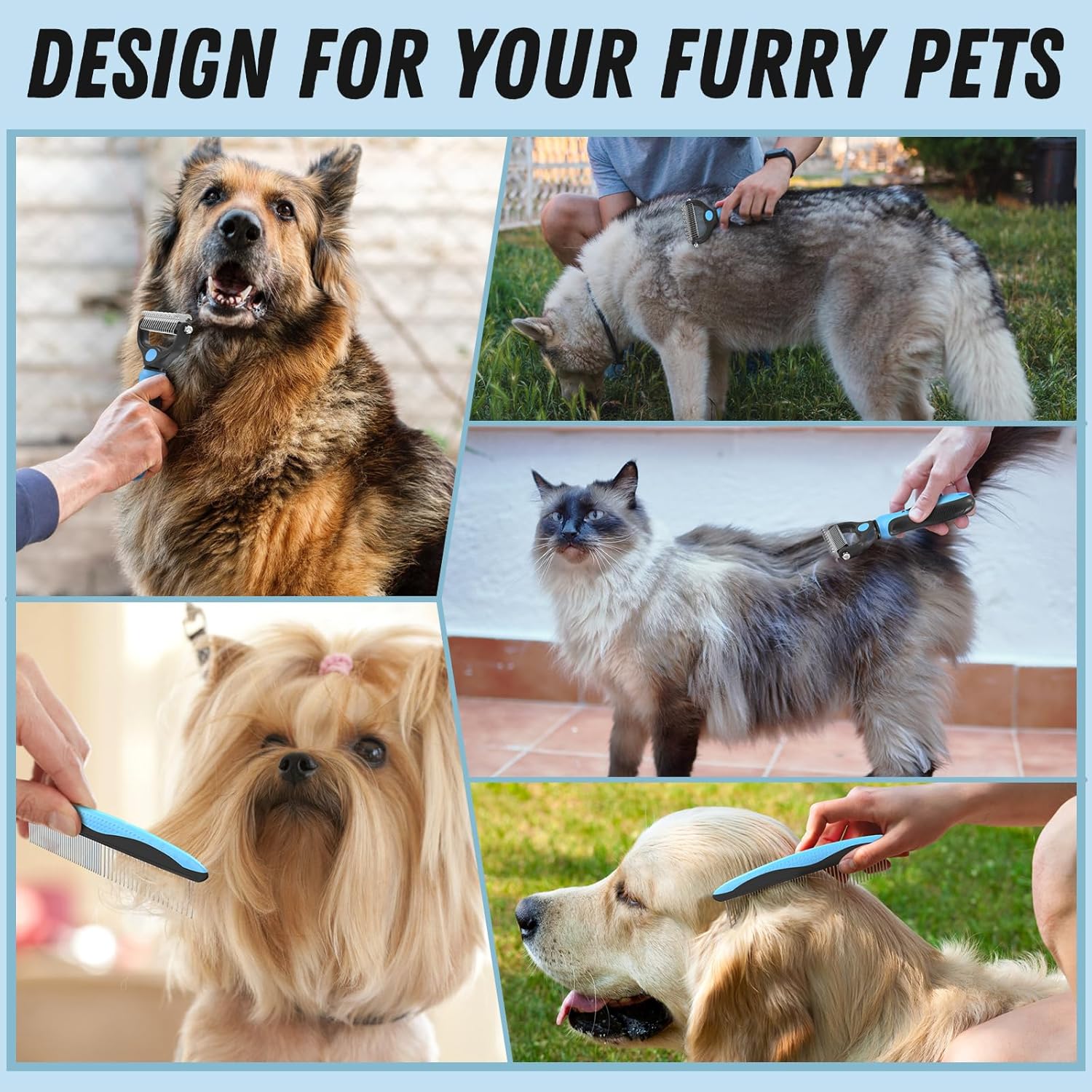 Pet Grooming Combo - Blue Deshedding Brush with Metal Comb for Detangling and Dematting Long, Matted Fur on Cats and Dogs - Best Pet Care Store