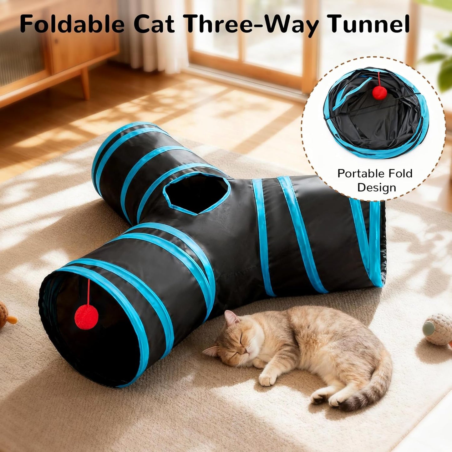 3-Way Collapsible Cat Tunnel Tube with Teaser Wand & Hanging Ball - Best Pet Care Store