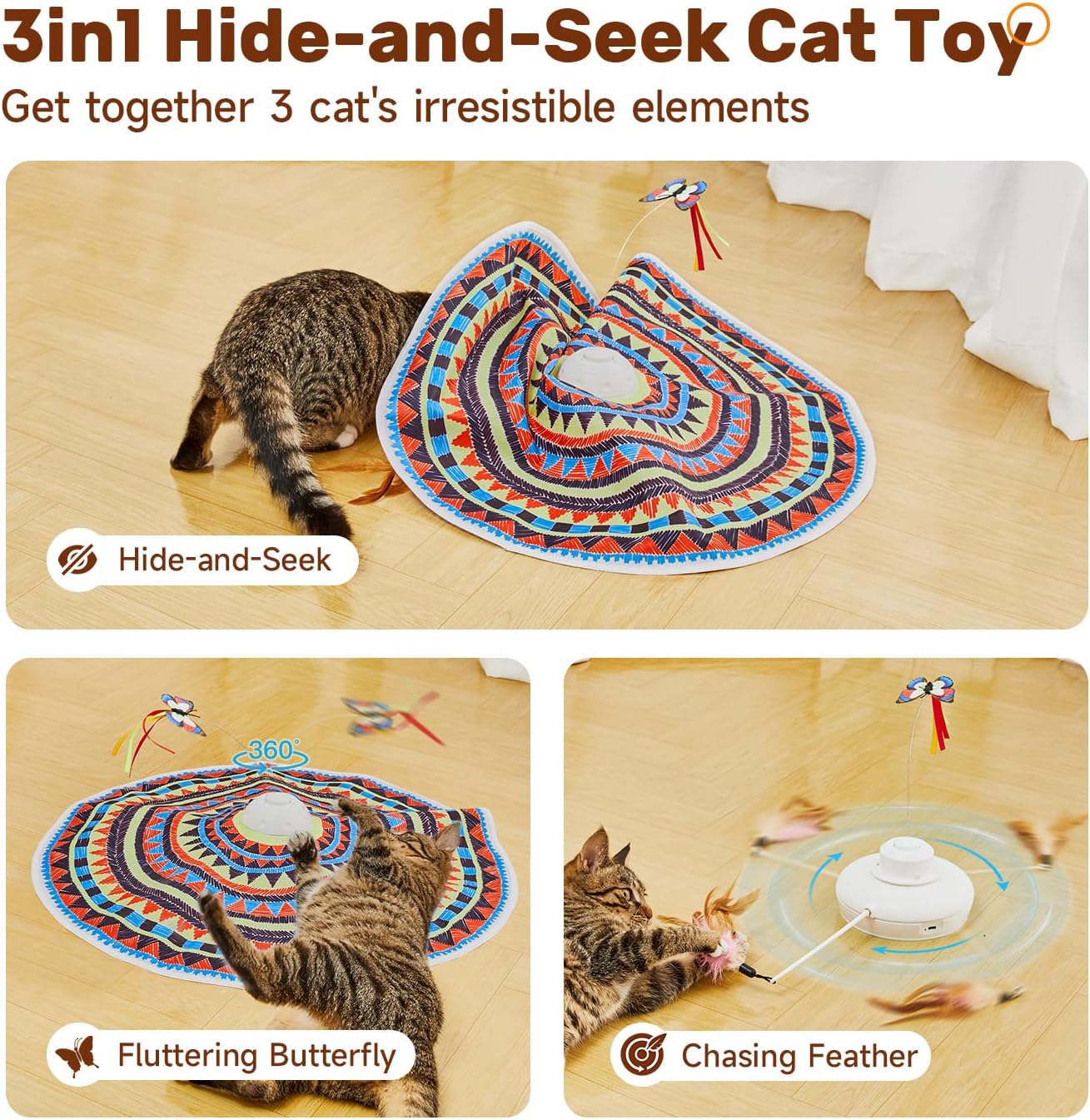 3-in-1 Rechargeable Hide & Seek Cat Toy – Fluttering Butterfly & Feather Wand - Best Pet Care Store