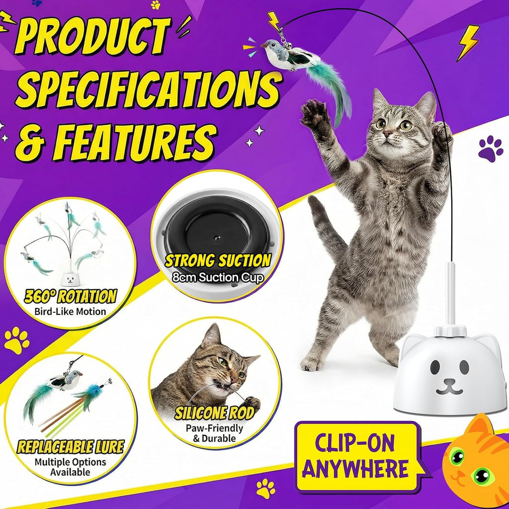 Interactive Cat Toys for Indoor Cats, 360° Automatic Spin Flying Bird Wand | 8Cm Suction Cup & Weighted Base, Silicone-Protected Rod, USB Rechargeable with Replaceable Feather & Streamer Attachments