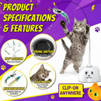 Interactive Cat Toys for Indoor Cats, 360° Automatic Spin Flying Bird Wand | 8Cm Suction Cup & Weighted Base, Silicone-Protected Rod, USB Rechargeable with Replaceable Feather & Streamer Attachments