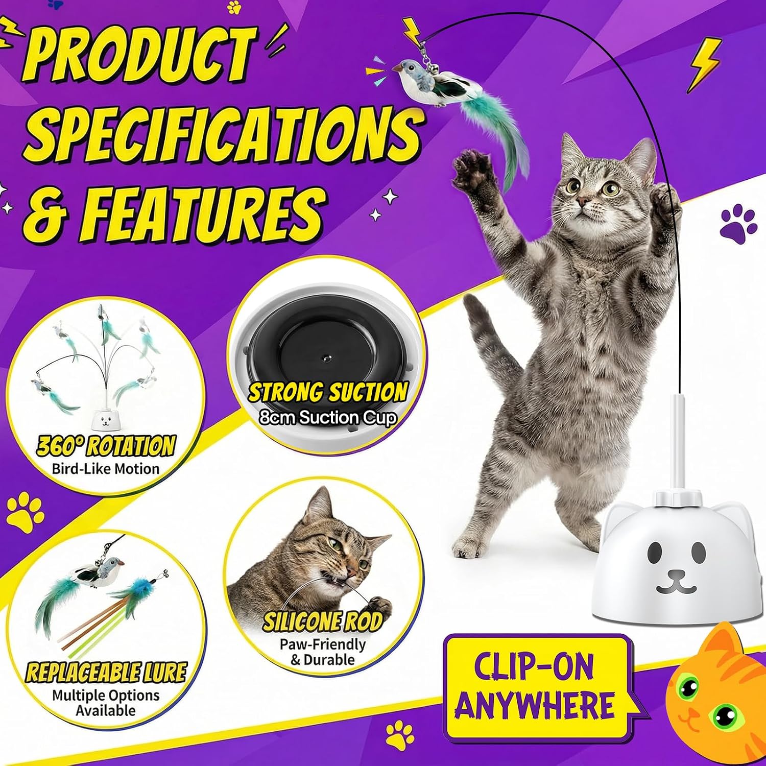 Interactive Cat Toys for Indoor Cats, 360° Automatic Spin Flying Bird Wand | 8Cm Suction Cup & Weighted Base, Silicone-Protected Rod, USB Rechargeable with Replaceable Feather & Streamer Attachments