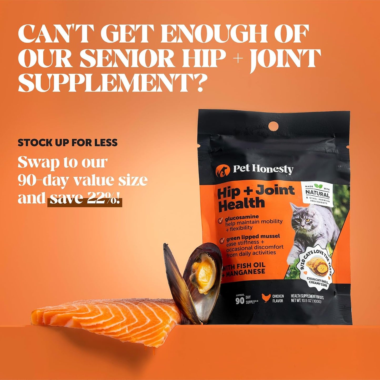 Senior Cat Joint Supplement Crunchy Creamy Hip + Joint for Cats - Ease Mobility Stiffness with Glucosamine Chondroitin, Green Lipped Mussel, Flexibility + Joint Support Chews (30-Day Supply) - Best Pet Care Store