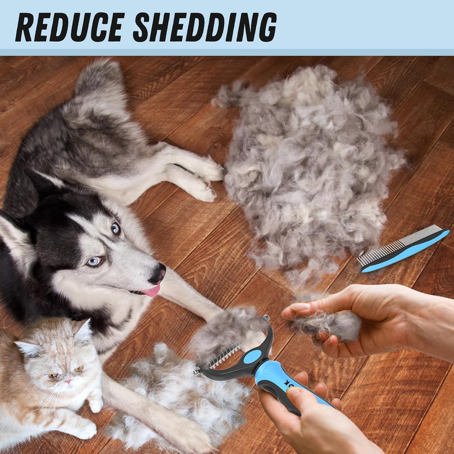 Pet Grooming Combo - Blue Deshedding Brush with Metal Comb for Detangling and Dematting Long, Matted Fur on Cats and Dogs - Best Pet Care Store