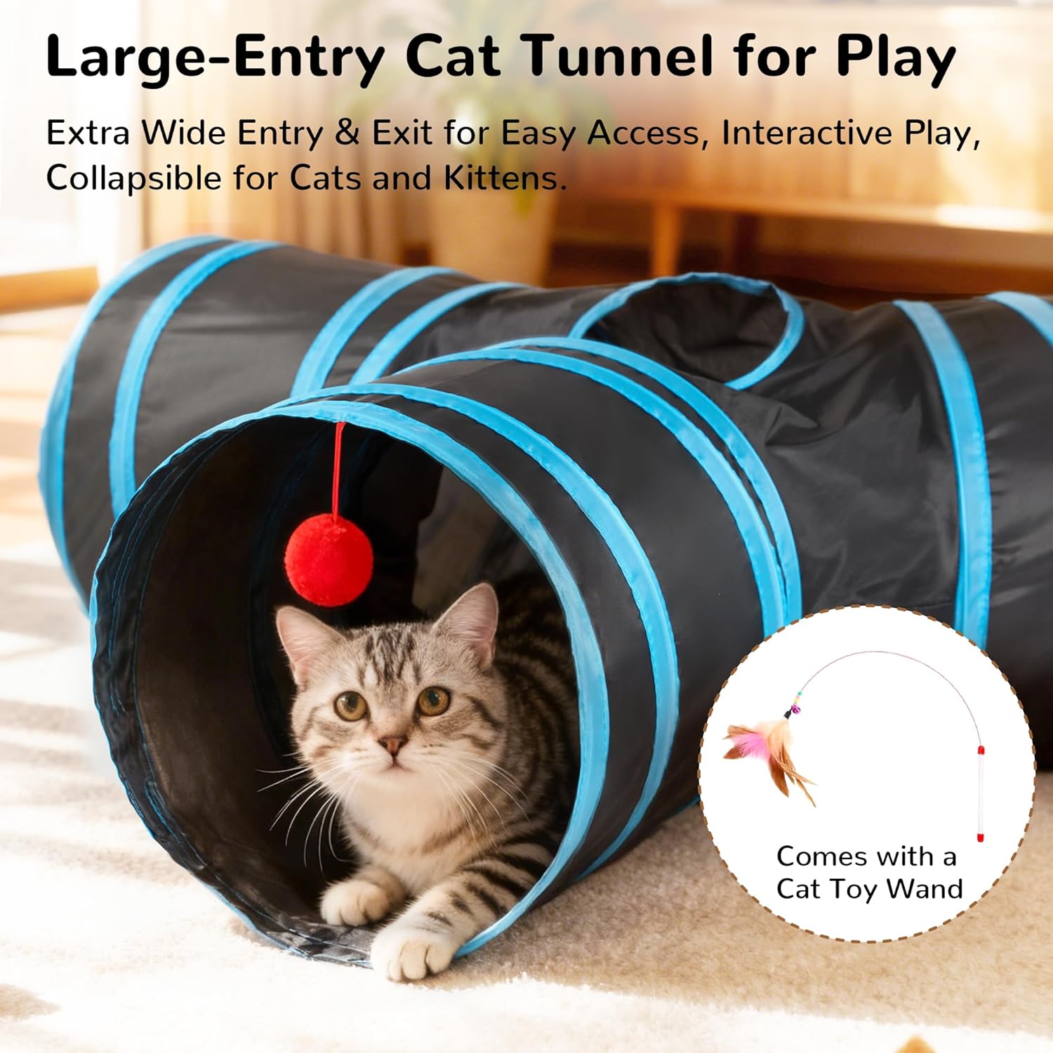 3-Way Collapsible Cat Tunnel Tube with Teaser Wand & Hanging Ball - Best Pet Care Store