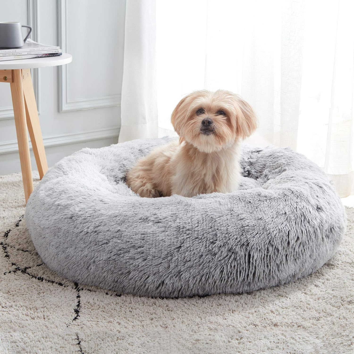 Calming Anti-Anxiety Donut Dog & Cat Bed – Faux Fur, Cozy Round Cuddler, Light Grey - Best Pet Care Store
