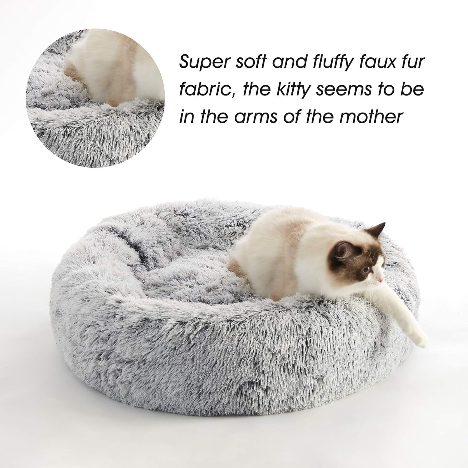 Calming Anti-Anxiety Donut Dog & Cat Bed – Faux Fur, Cozy Round Cuddler, Light Grey - Best Pet Care Store