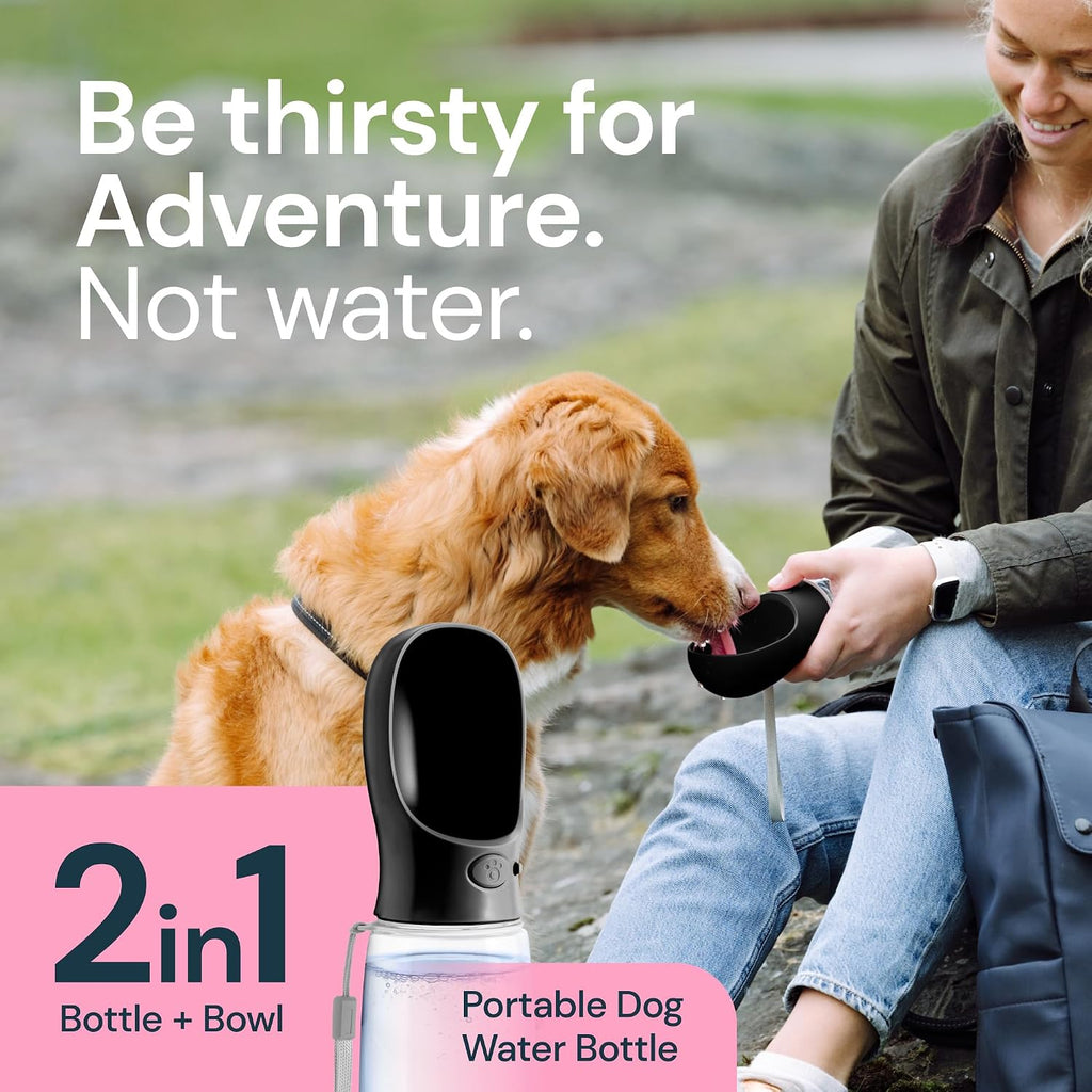 Dog Water Bottle Dispenser - 12 Oz Black, Leak-Proof | 12Oz Leak-Proof Bottle - One-Hand Use - Built-In Bowl - Use for Dog Walks, Travel, Hiking & Beach Days