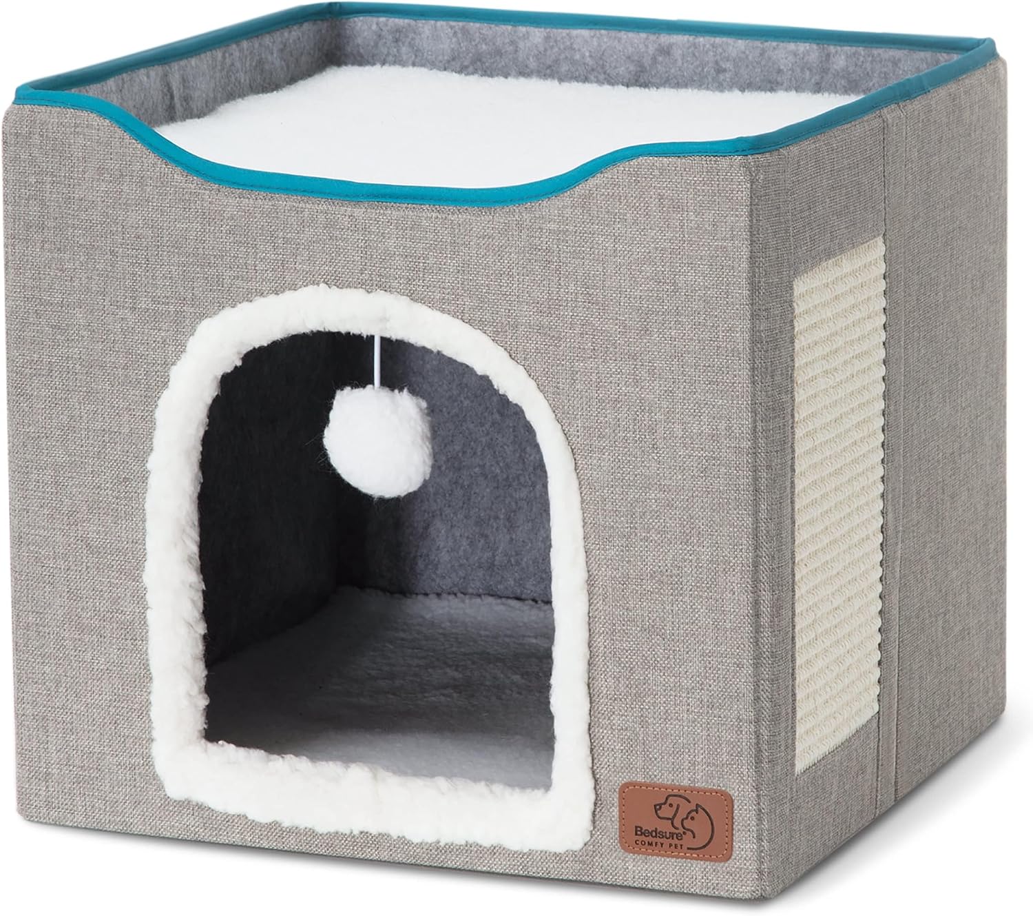 Bedsure Cat Cave Bed with Scratch Pad & Hanging Ball – Foldable Cat Hideaway, 16.5", Grey - Best Pet Care Store