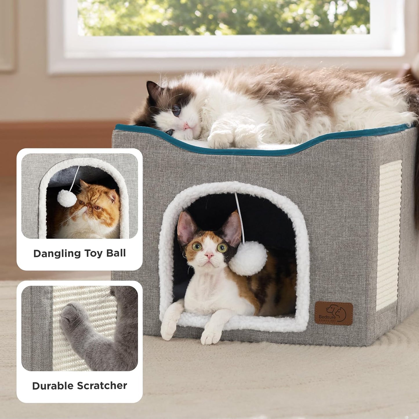Bedsure Cat Cave Bed with Scratch Pad & Hanging Ball – Foldable Cat Hideaway, 16.5", Grey - Best Pet Care Store