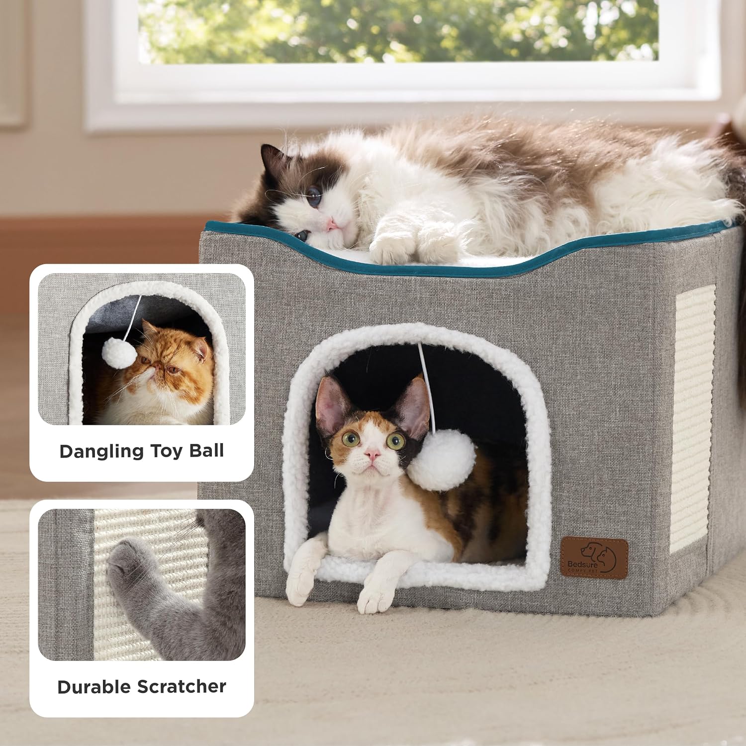 Bedsure Cat Cave Bed with Scratch Pad & Hanging Ball – Foldable Cat Hideaway, 16.5", Grey - Best Pet Care Store