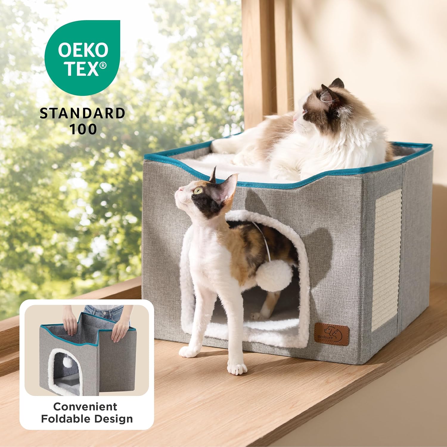 Bedsure Cat Cave Bed with Scratch Pad & Hanging Ball – Foldable Cat Hideaway, 16.5", Grey - Best Pet Care Store
