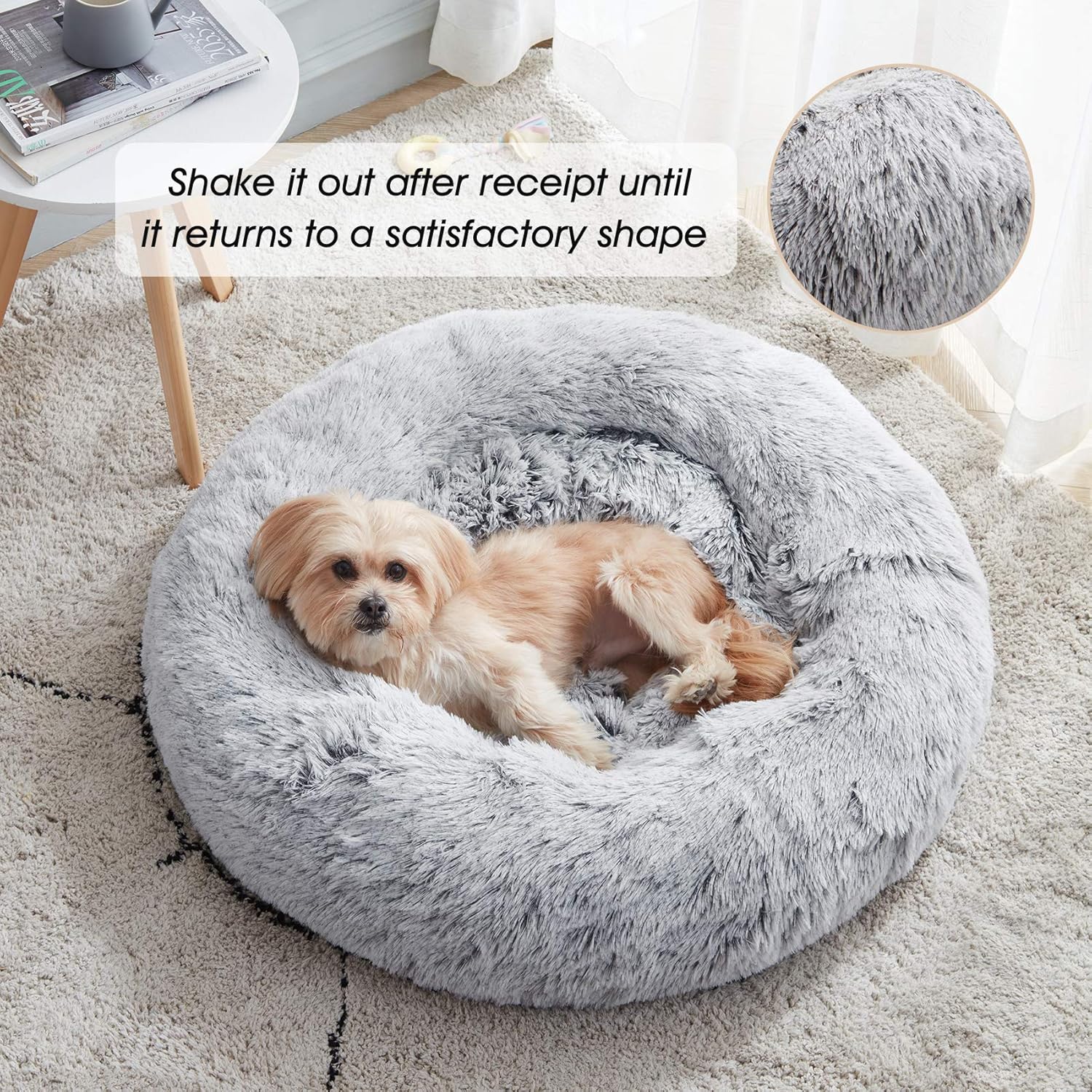 Calming Anti-Anxiety Donut Dog & Cat Bed – Faux Fur, Cozy Round Cuddler, Light Grey - Best Pet Care Store