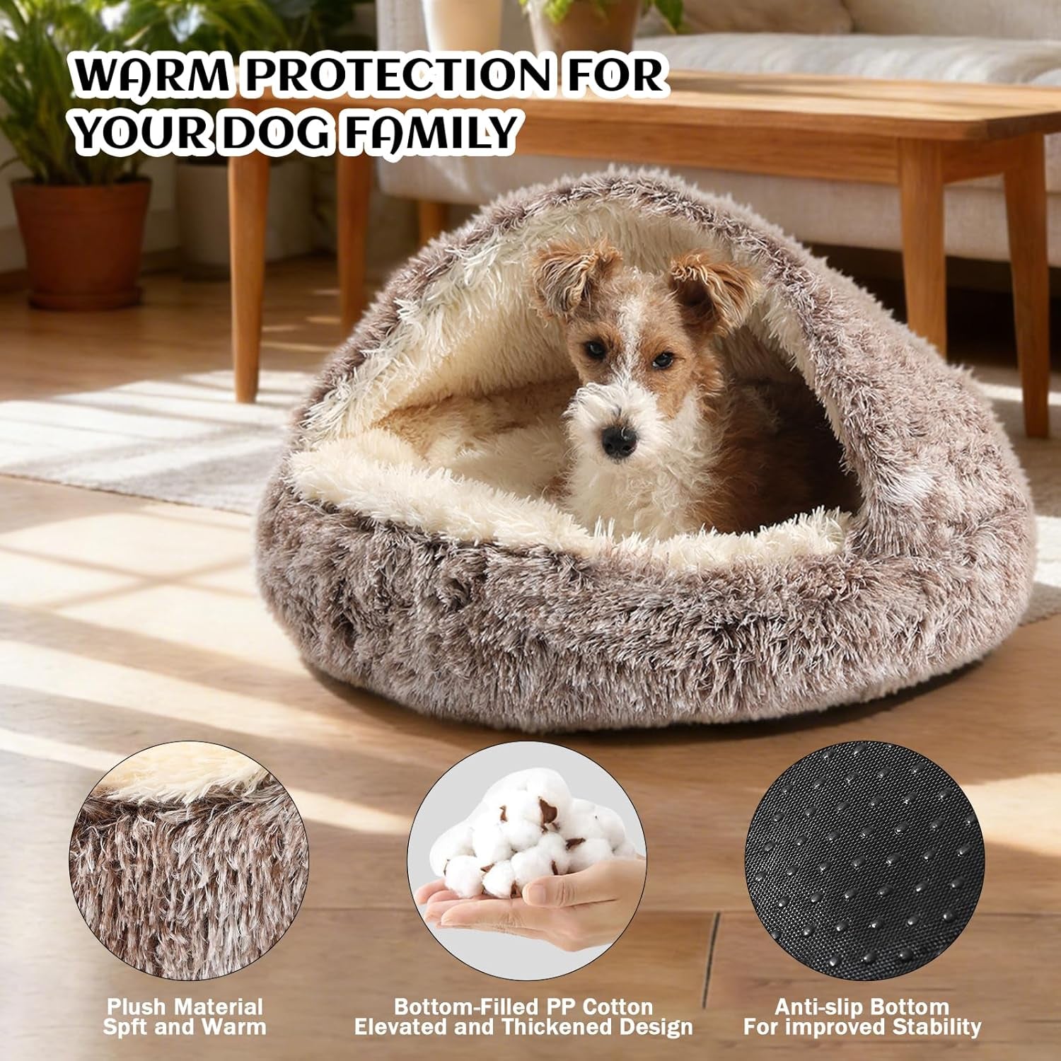 Hooded Donut Dog & Cat Cave Bed – Anti-Anxiety Plush Fluffy Covered Pet Bed, Small & Medium - Best Pet Care Store