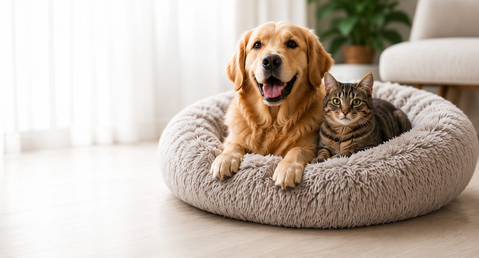 A golden retriever and a tabby cat rest together in a round, plush beige pet bed on a light wood floor in a bright, modern room.