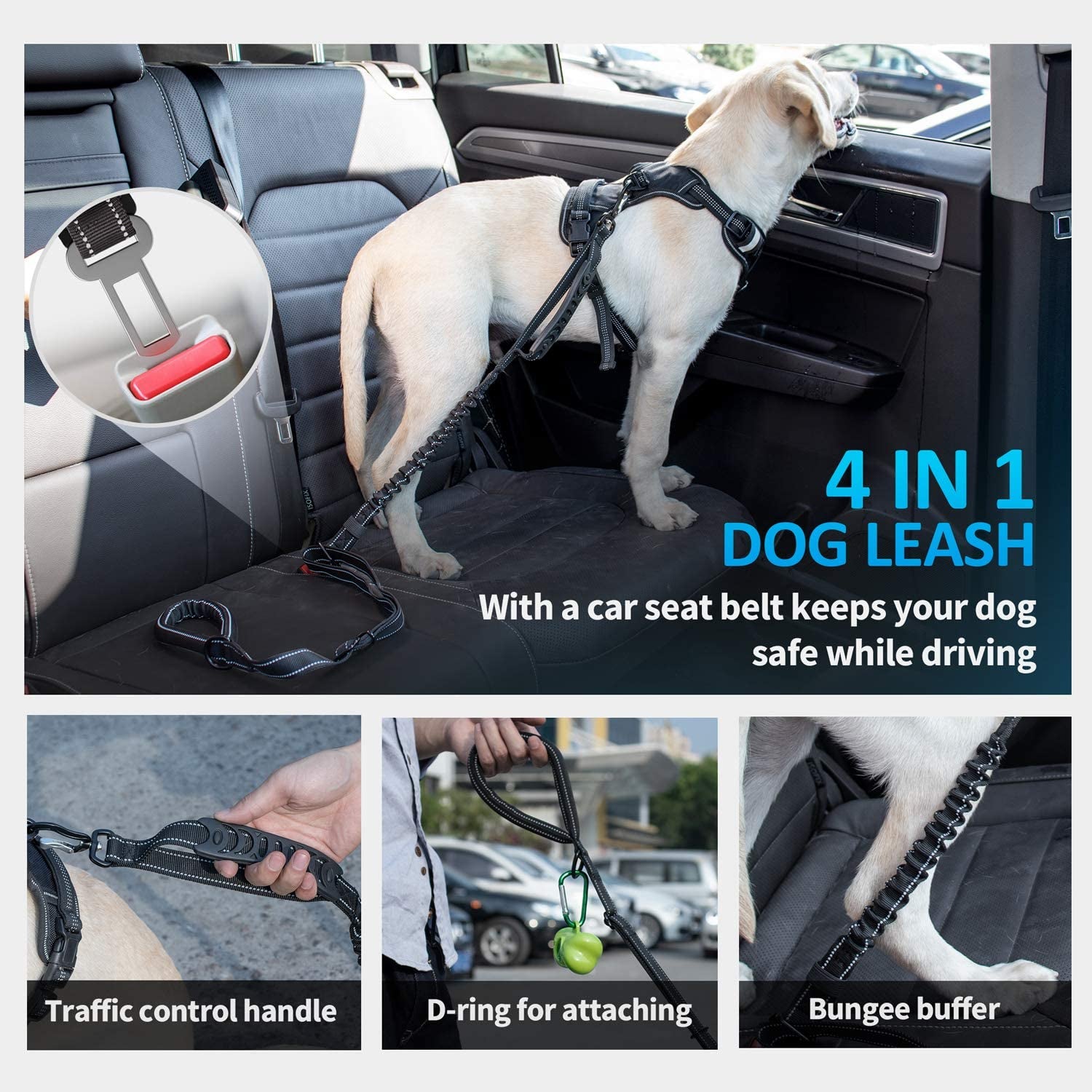 Multifunctional Tactical Dog Leash Heavy Duty,4-6 FT Strong Bungee Leash with Car Seatbelt, Shock Absorbing Dog Lead for Large, Medium Dogs - Best Pet Care Store